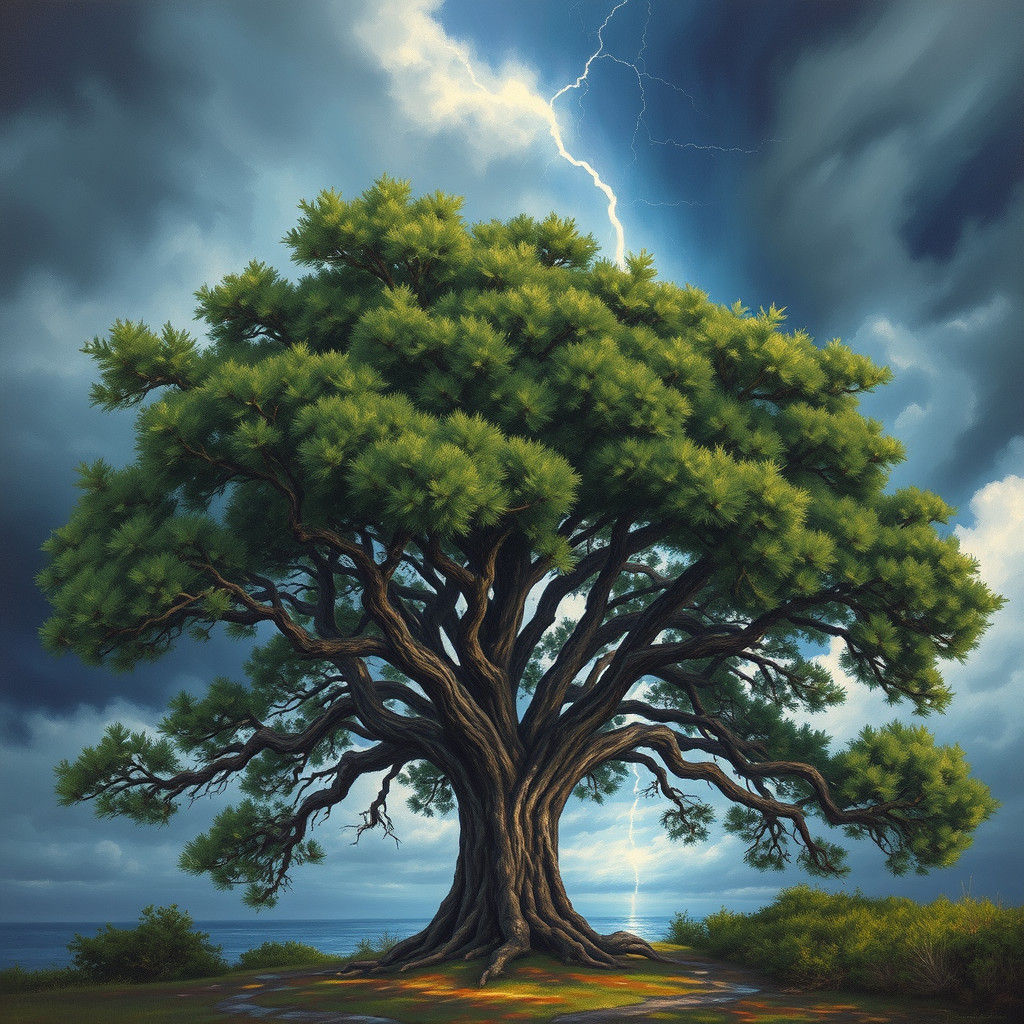 Cedar Tree in Storm, Romantic Landscape Painting