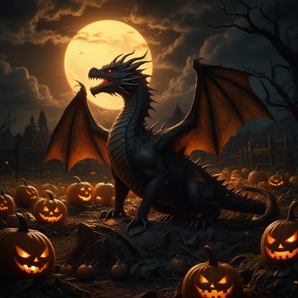 Dragon Emerges From Halloween Pumpkin Patch With Chiaroscuro...
