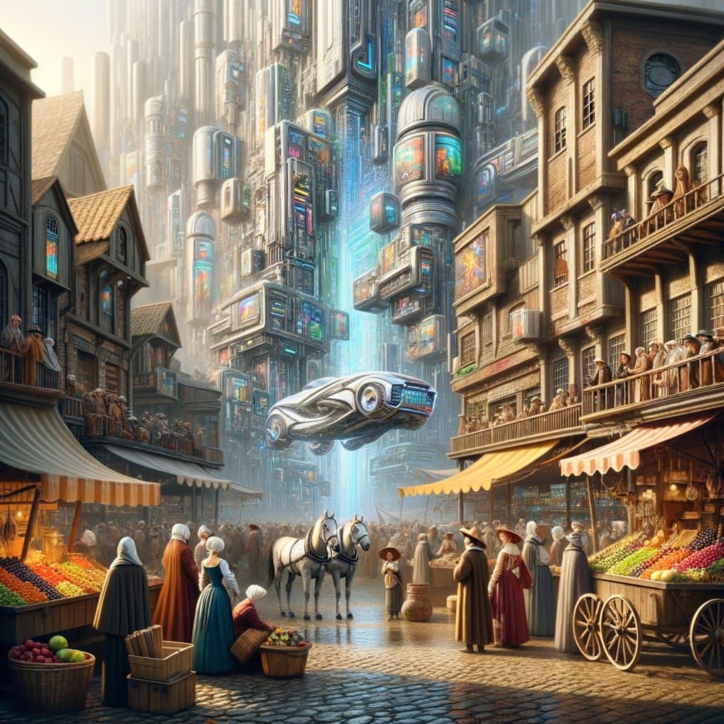 Renaissance Marketplace Meets Futuristic Cityscape