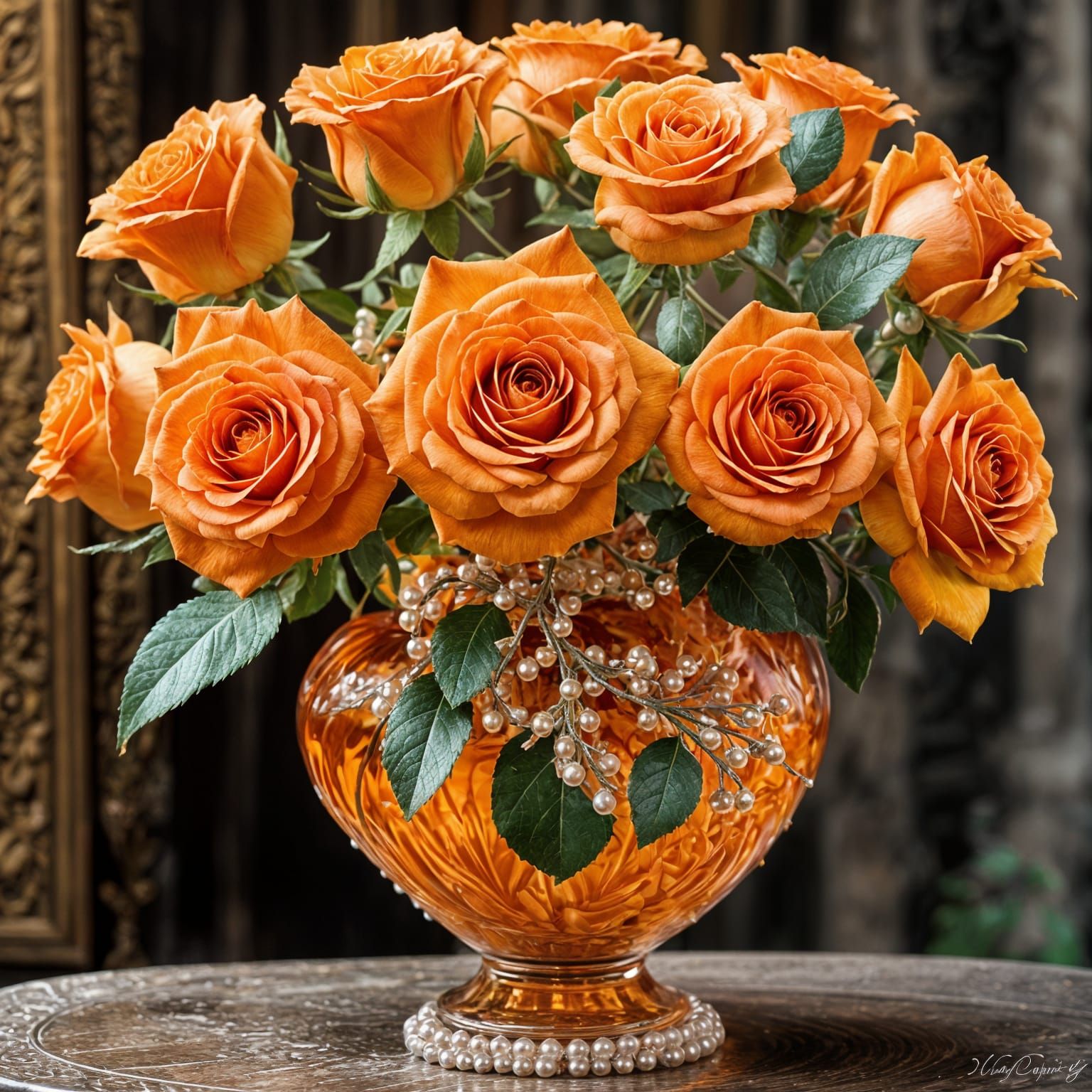 Ornate Orange Rose Bouquet in a Vibrant Glass Vase