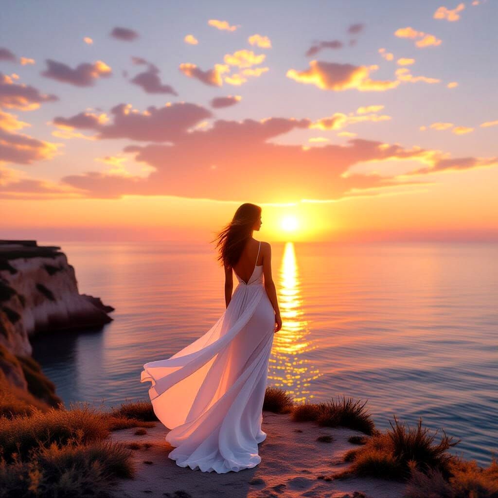 Woman on Cliff Overlooking Sunset Ocean in Hyperrealistic St...
