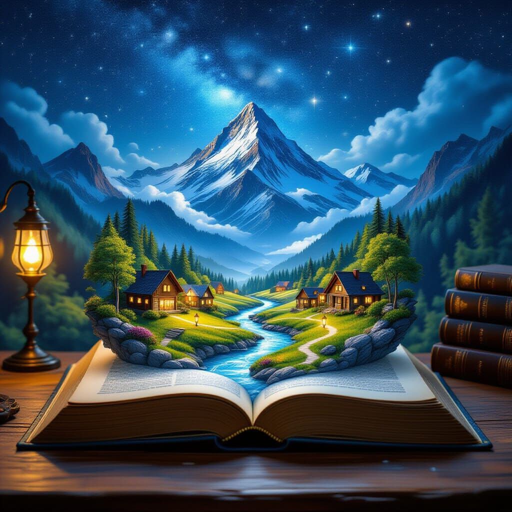 Enchanted Tome Opens to Miniature Valley and Mountain