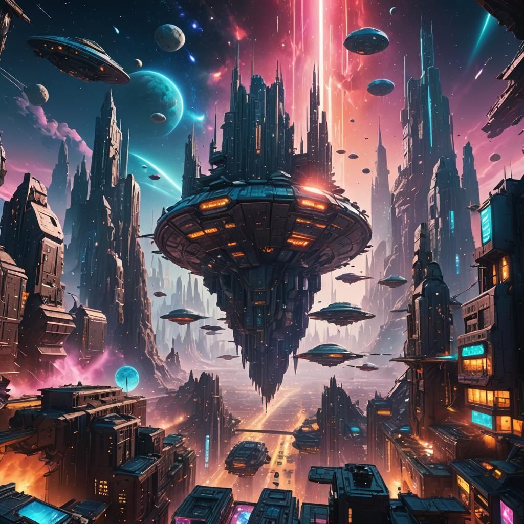 Surreal Sci-Fi Floating Metropolis in Space