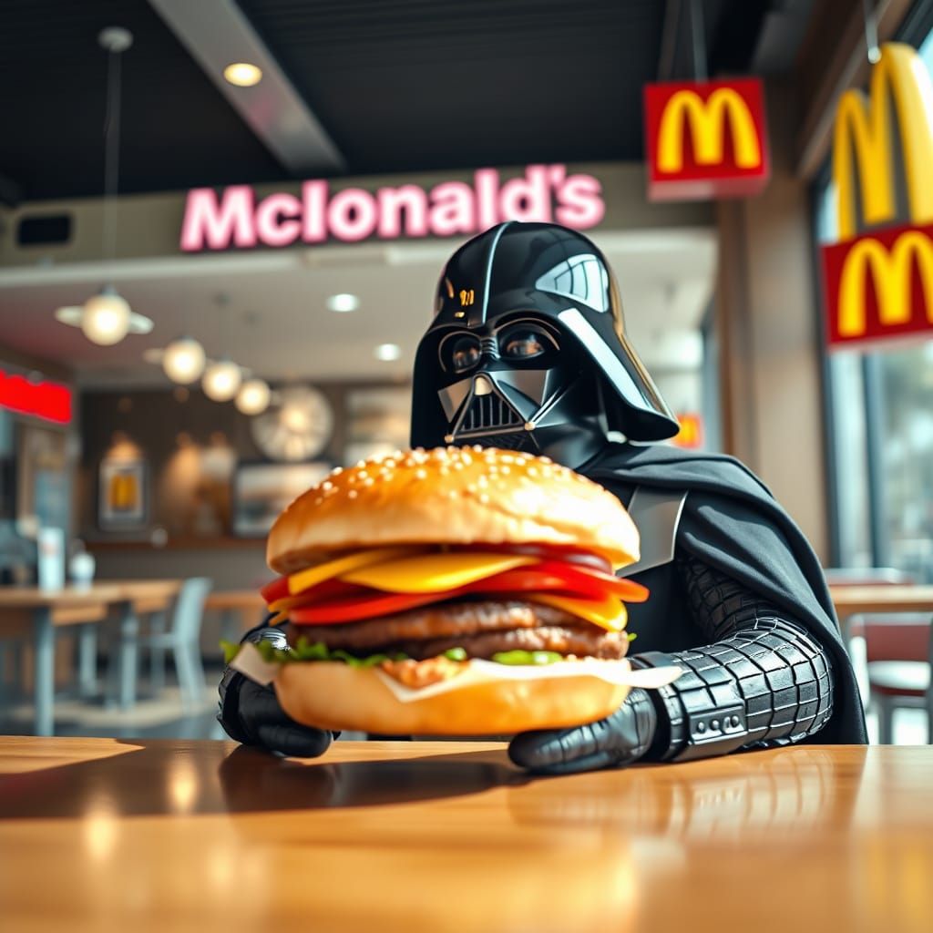Darth Vader Enjoys a Massive Burger in a McDonald's Setting