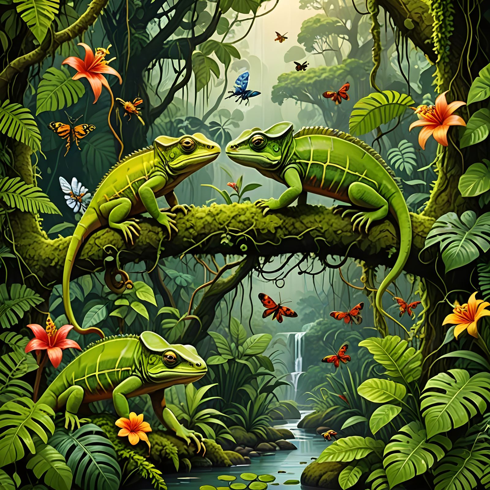 Rainforest Reptiles Unite on a Verdant Mossy Tree