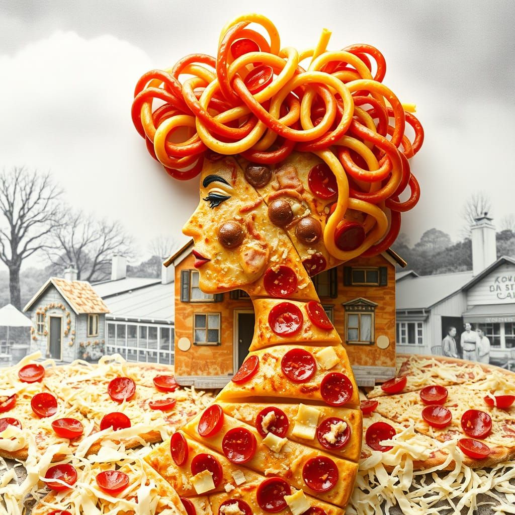 Pizza Woman in Retro Surrealist Style