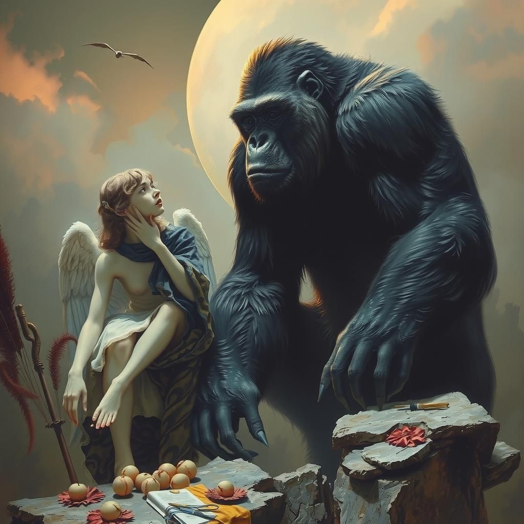 Angel and Gorilla Conversation in Engraving Style
