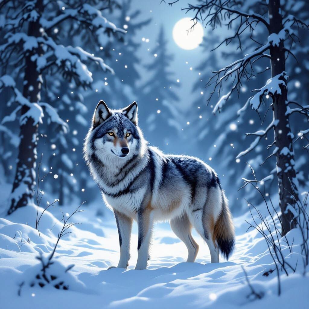 Majestic Wolf in Moonlit Snowy Forest