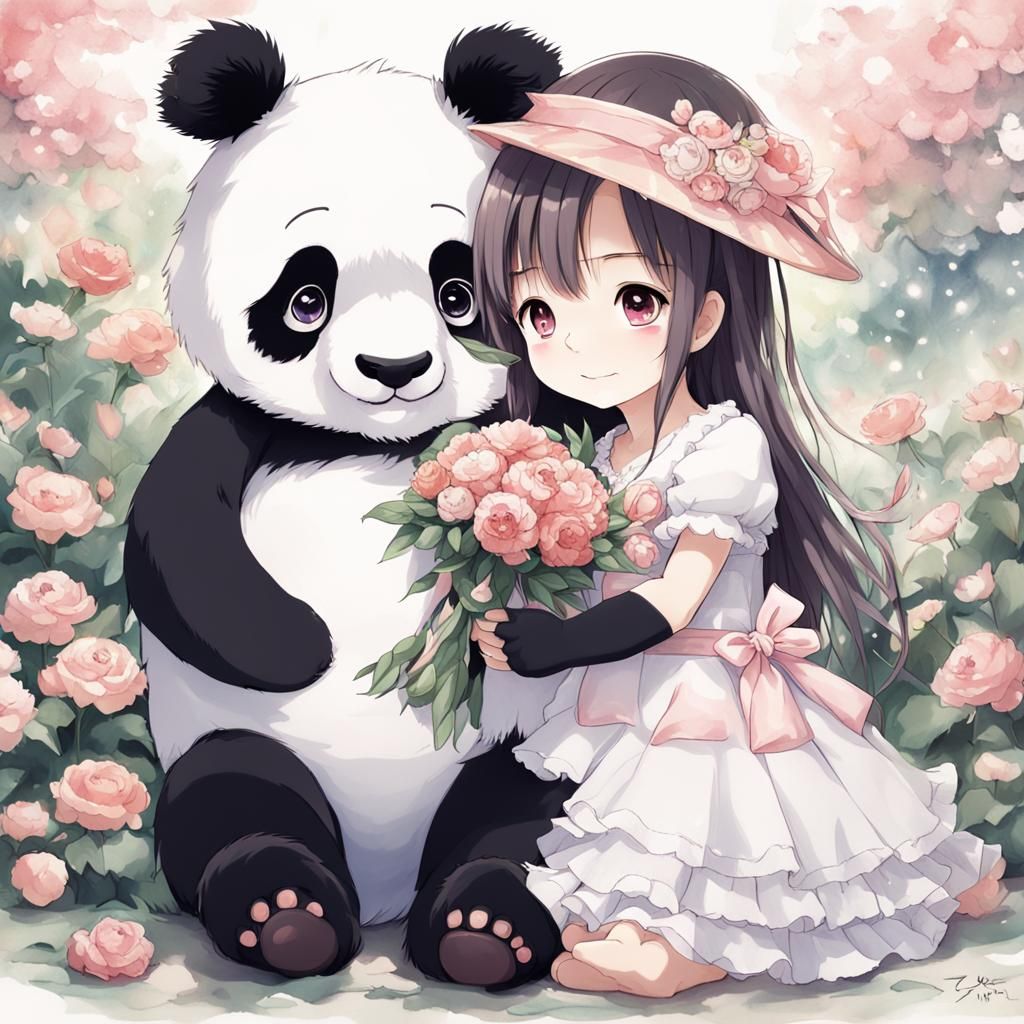 Anime Flower Girl Hugging Panda