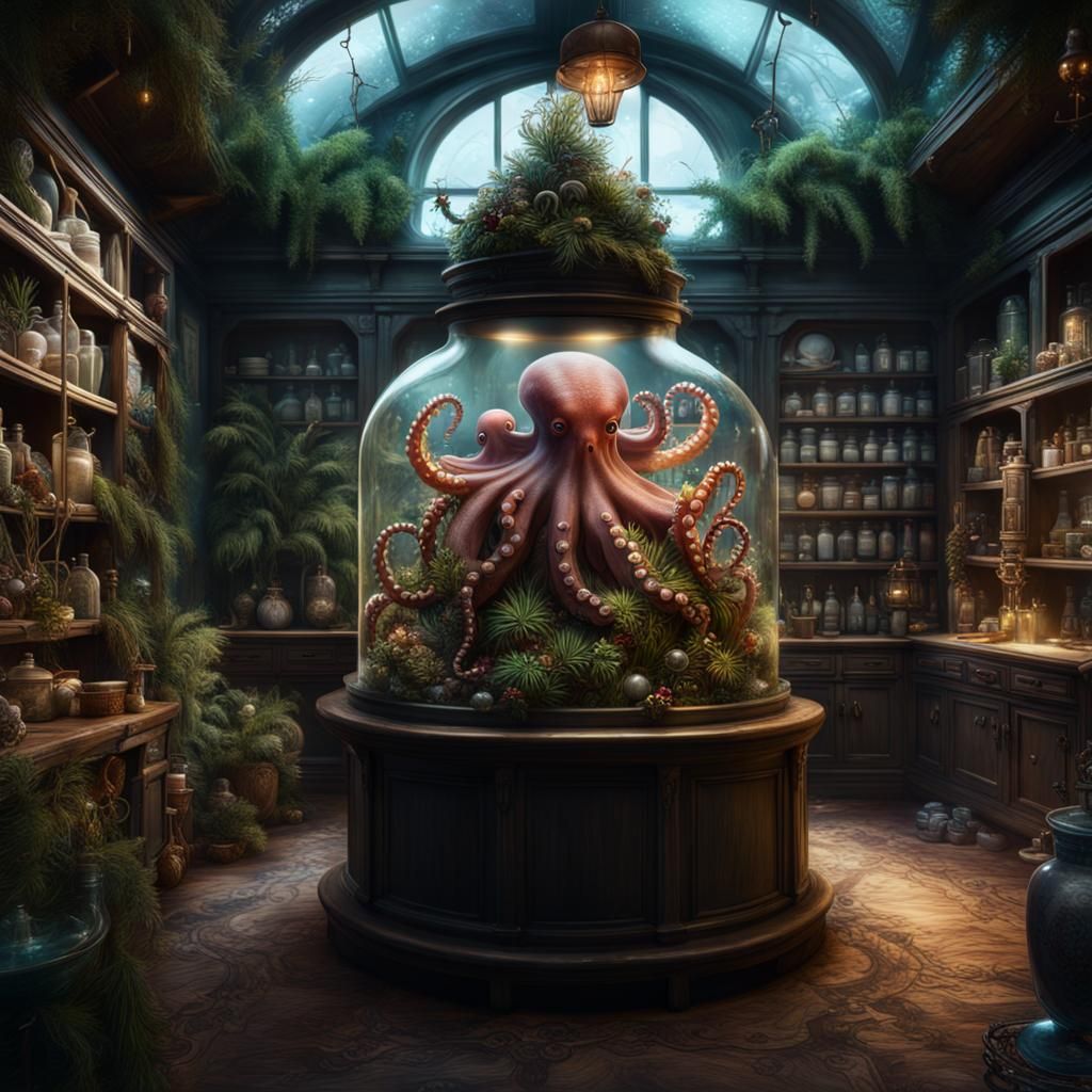Octopus in Apothecary with Christmas Ocean Bottles