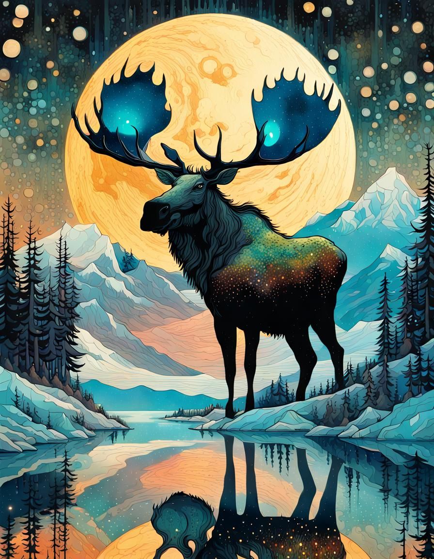 Giant Moonlit Moose in Expressionist Style