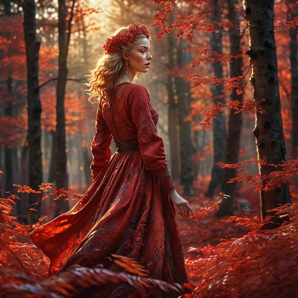 Autumnal Woman Dancing in Forest, Digital Art