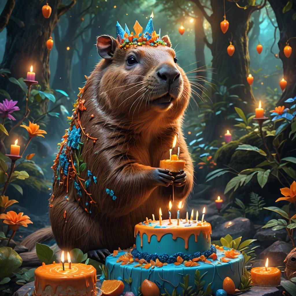 Capybara's Gemstone Birthday in Mystical Forest