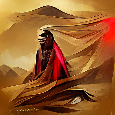 Cloaked Tribesman Portrait in Red, Gold, and Black