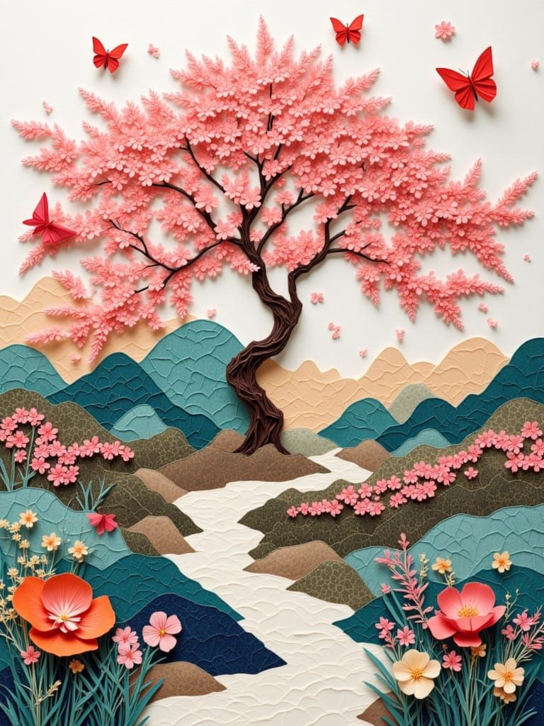 Sakura Tree Paper Art Collage