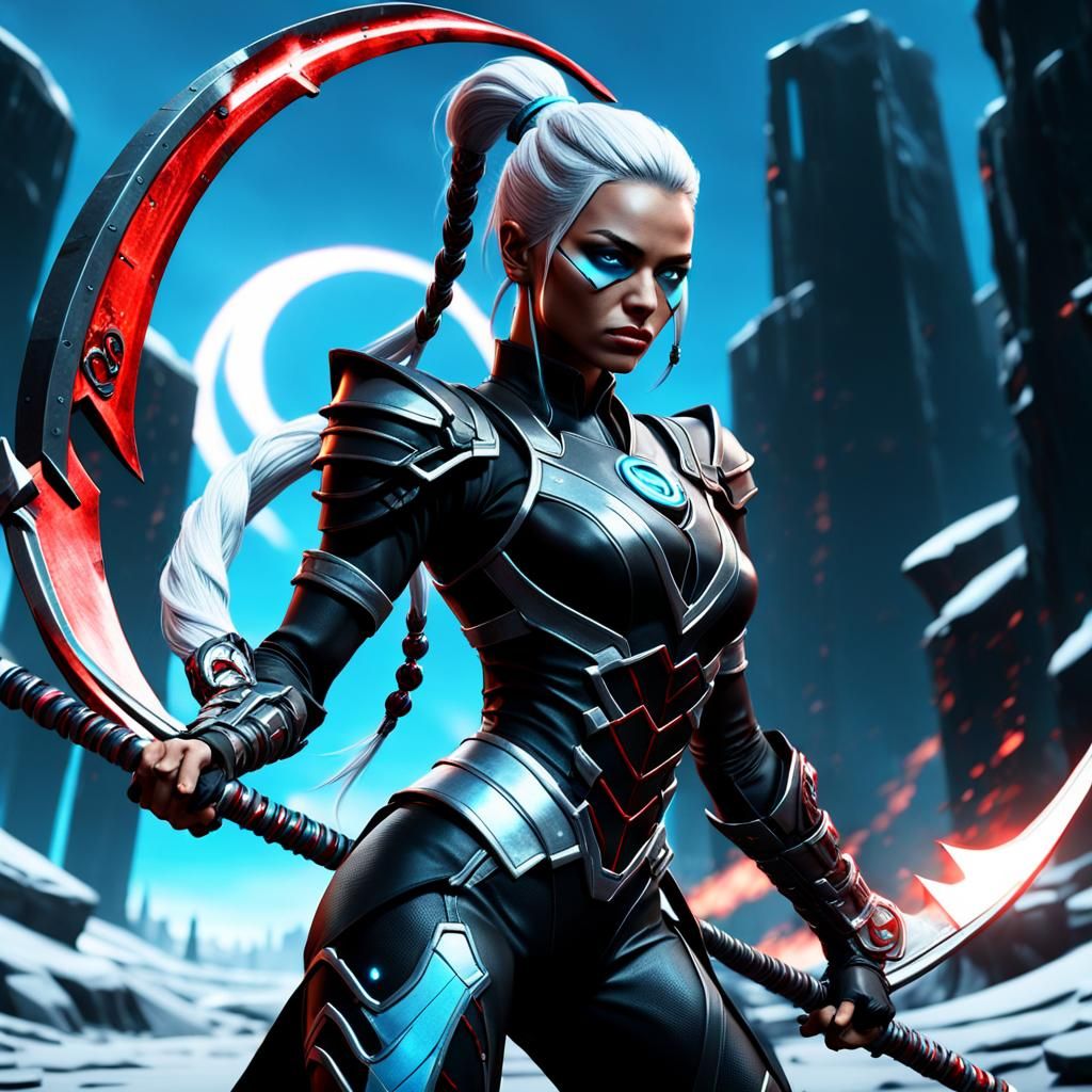Frostpunk Ninja Woman with Scythe in 3D Cinematic Style