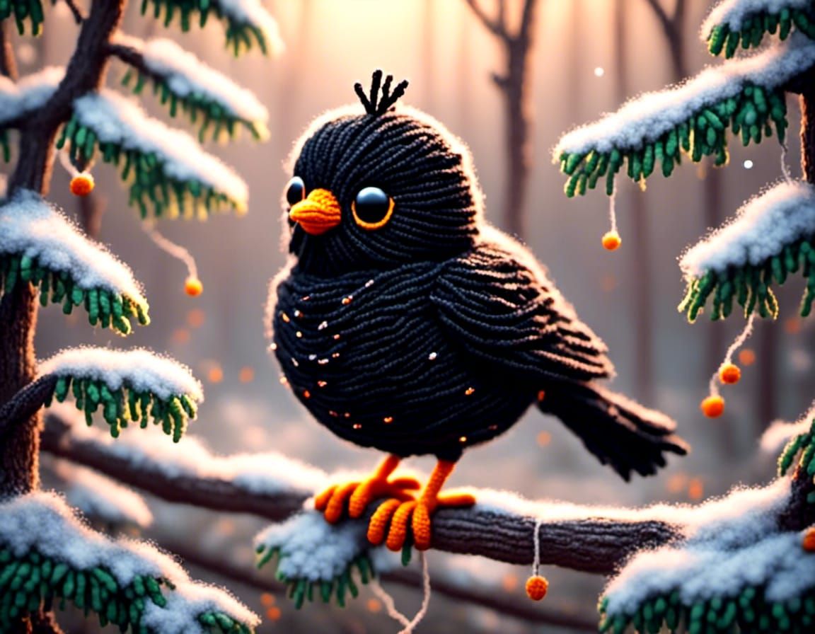 Adorable Knitted Blackbird in Yarn Landscape