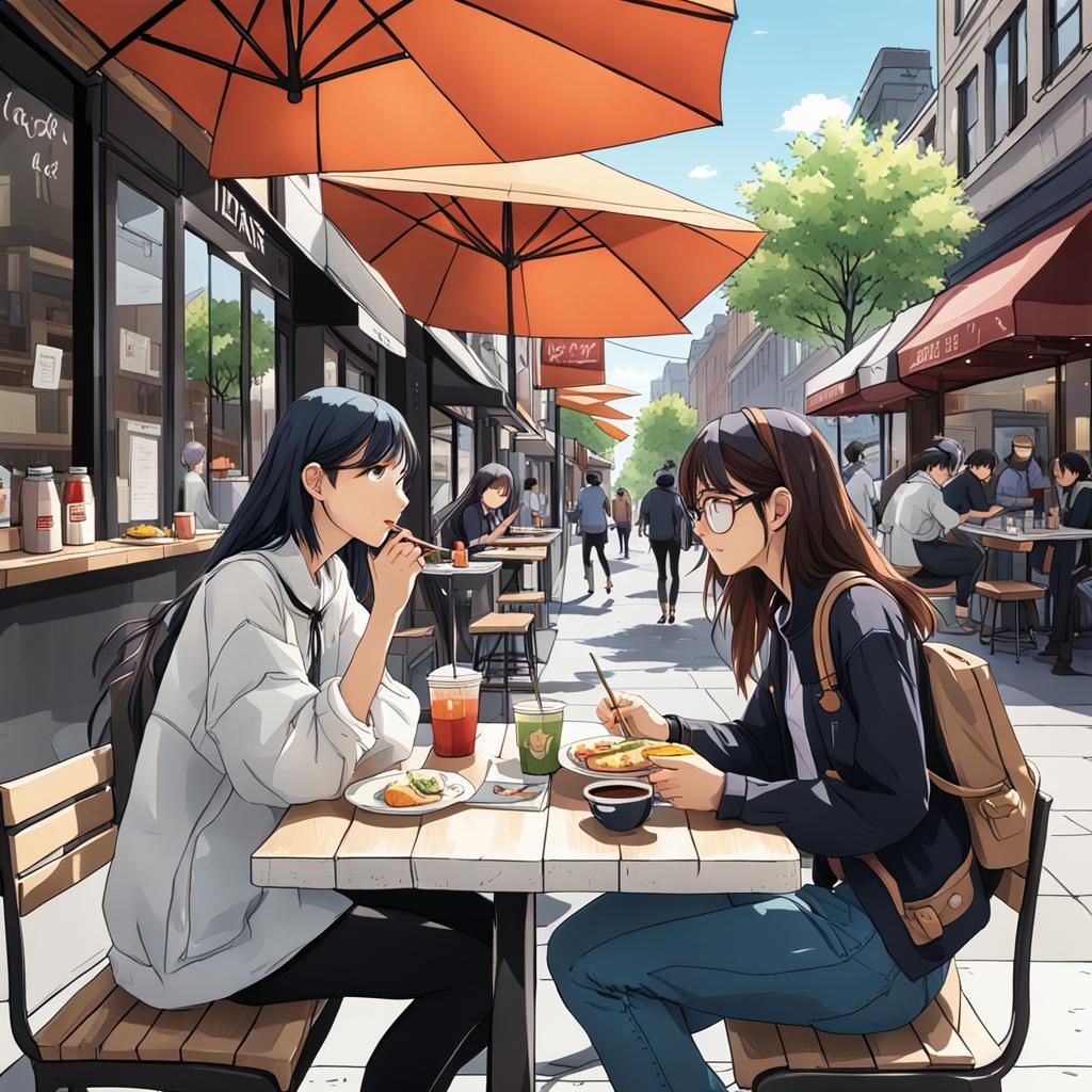 AI Characters at Cafe Discussing a Story