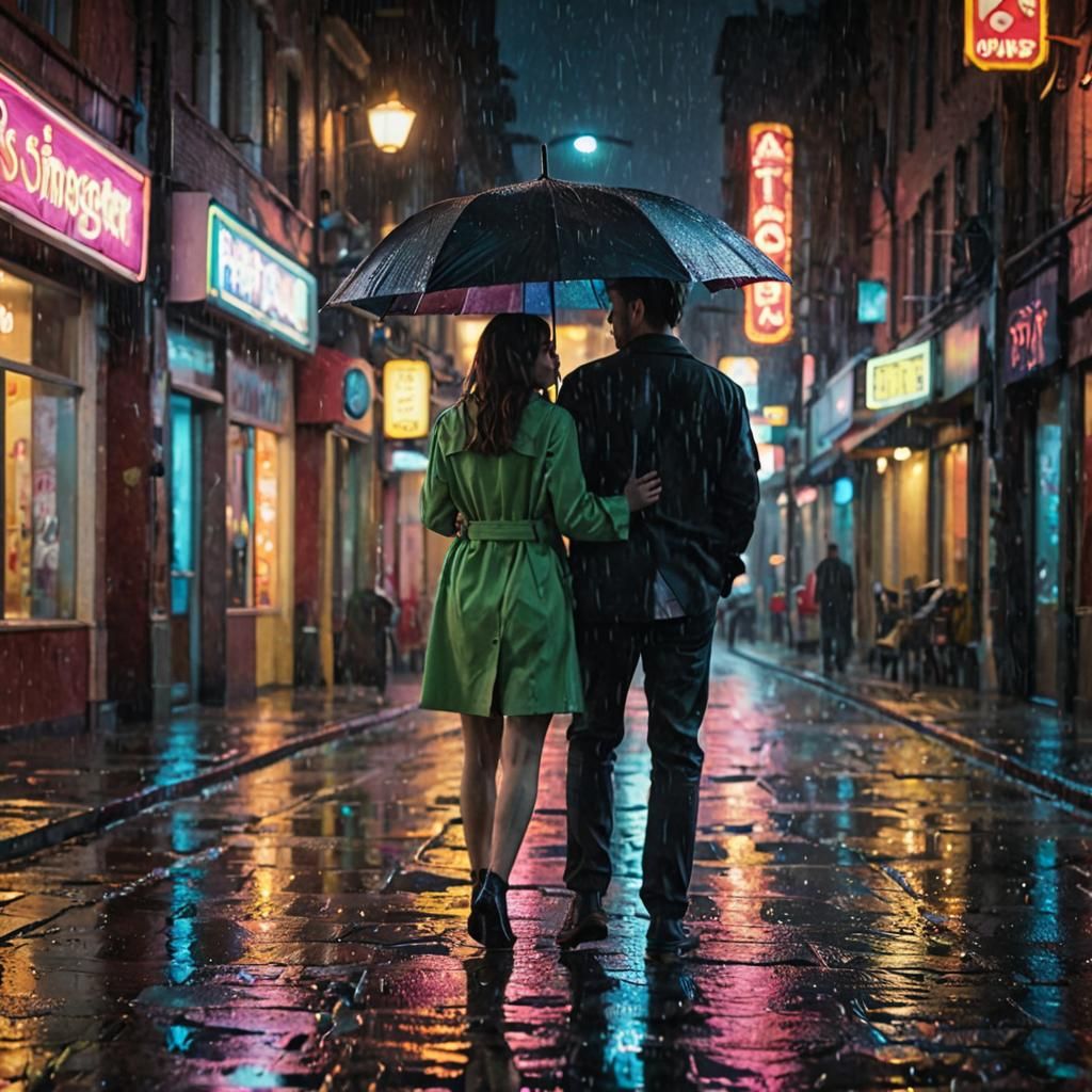 Rainy Neon Street: Romantic Film Noir Scene