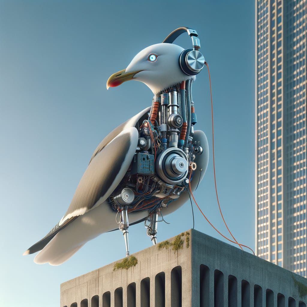 Bionic Seagull: Cyberpunk Bird on Urban Tower