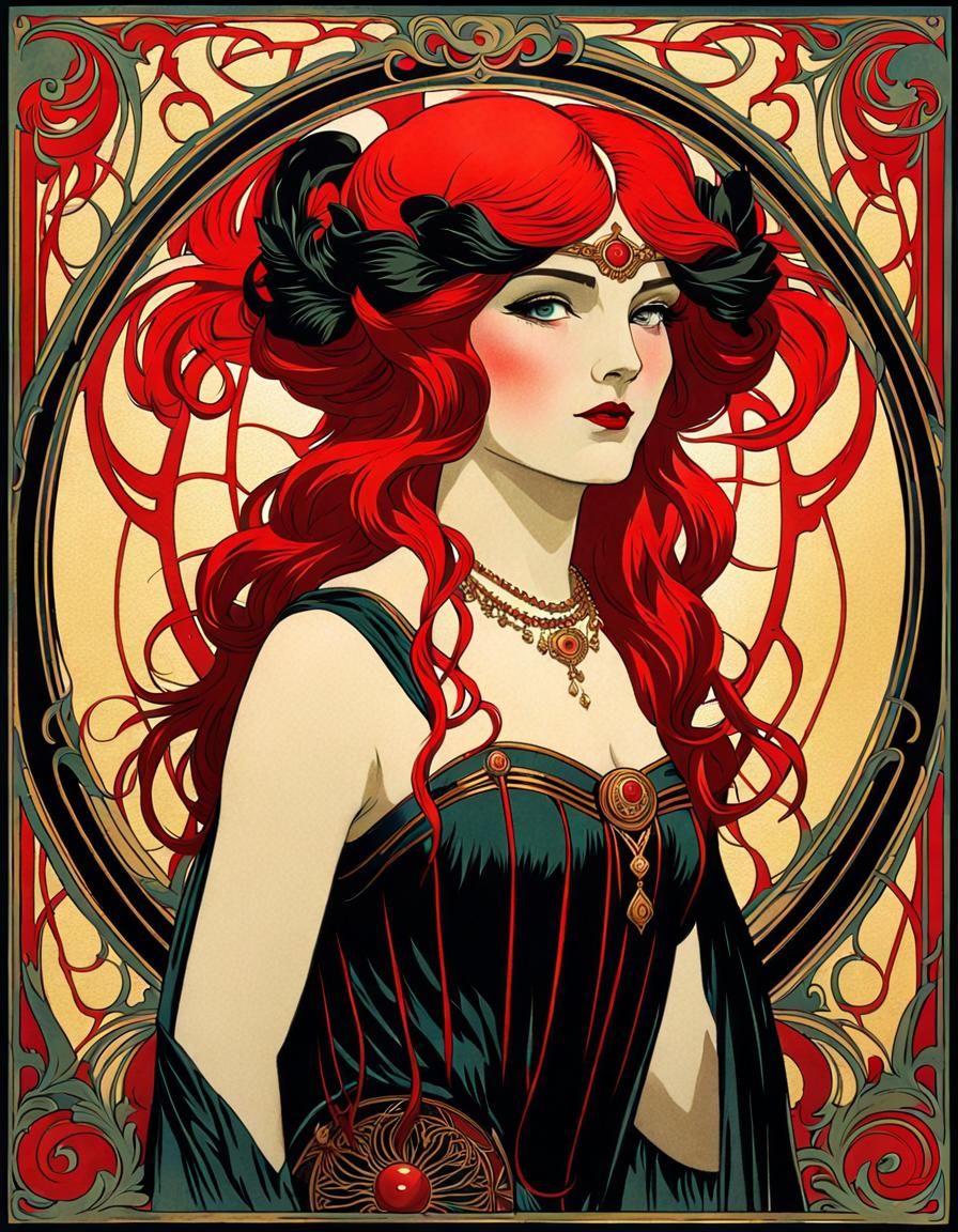 Art Nouveau Poster: Lilith with Red and Black Hair