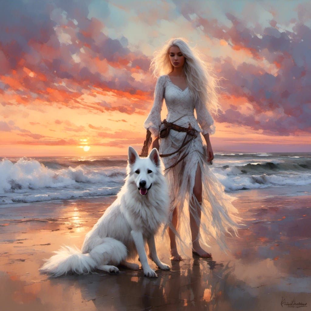 German Shepherd and Woman at Sunset