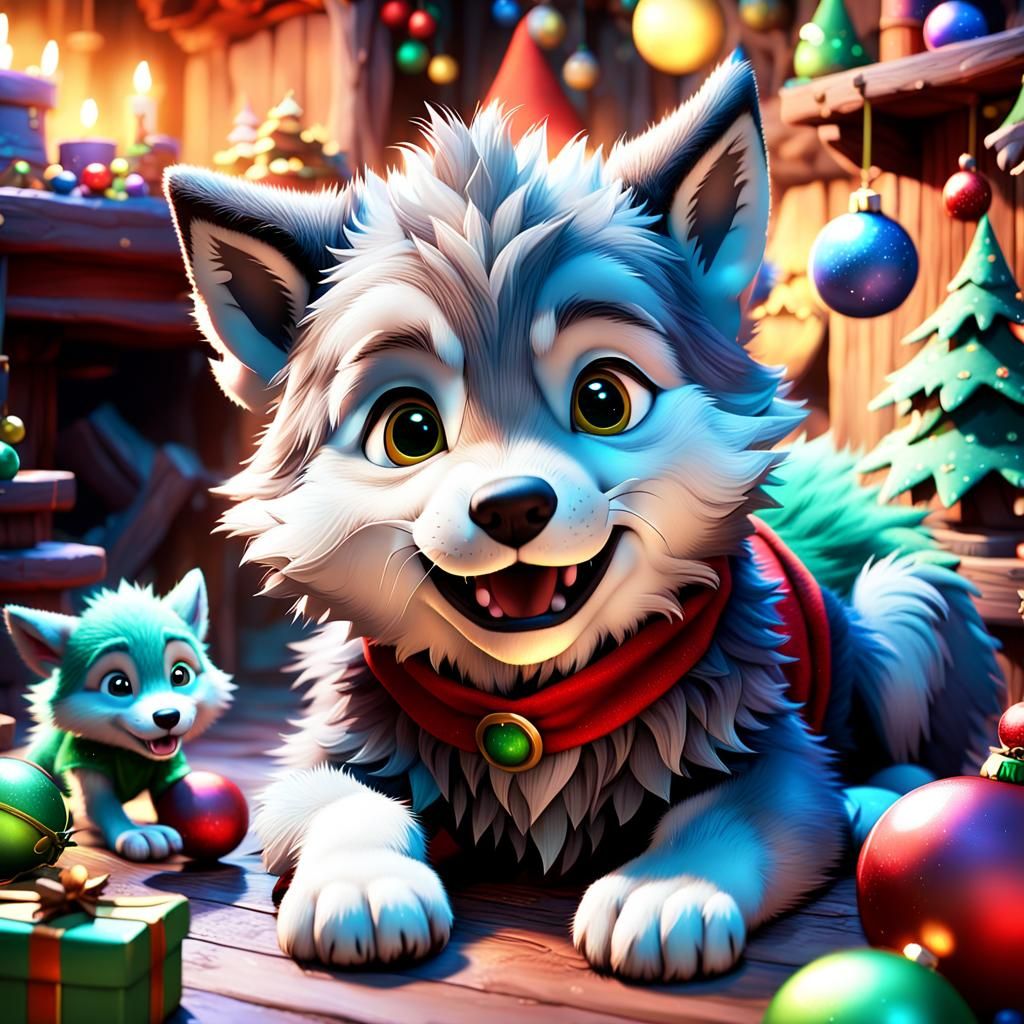 Pixar-Inspired Elves Play with Wolf Pup in Santa's Workshop