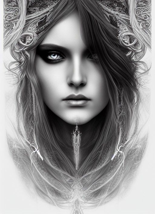 Sinister Goddess Portrait in Silver, Cyan, and Indigo