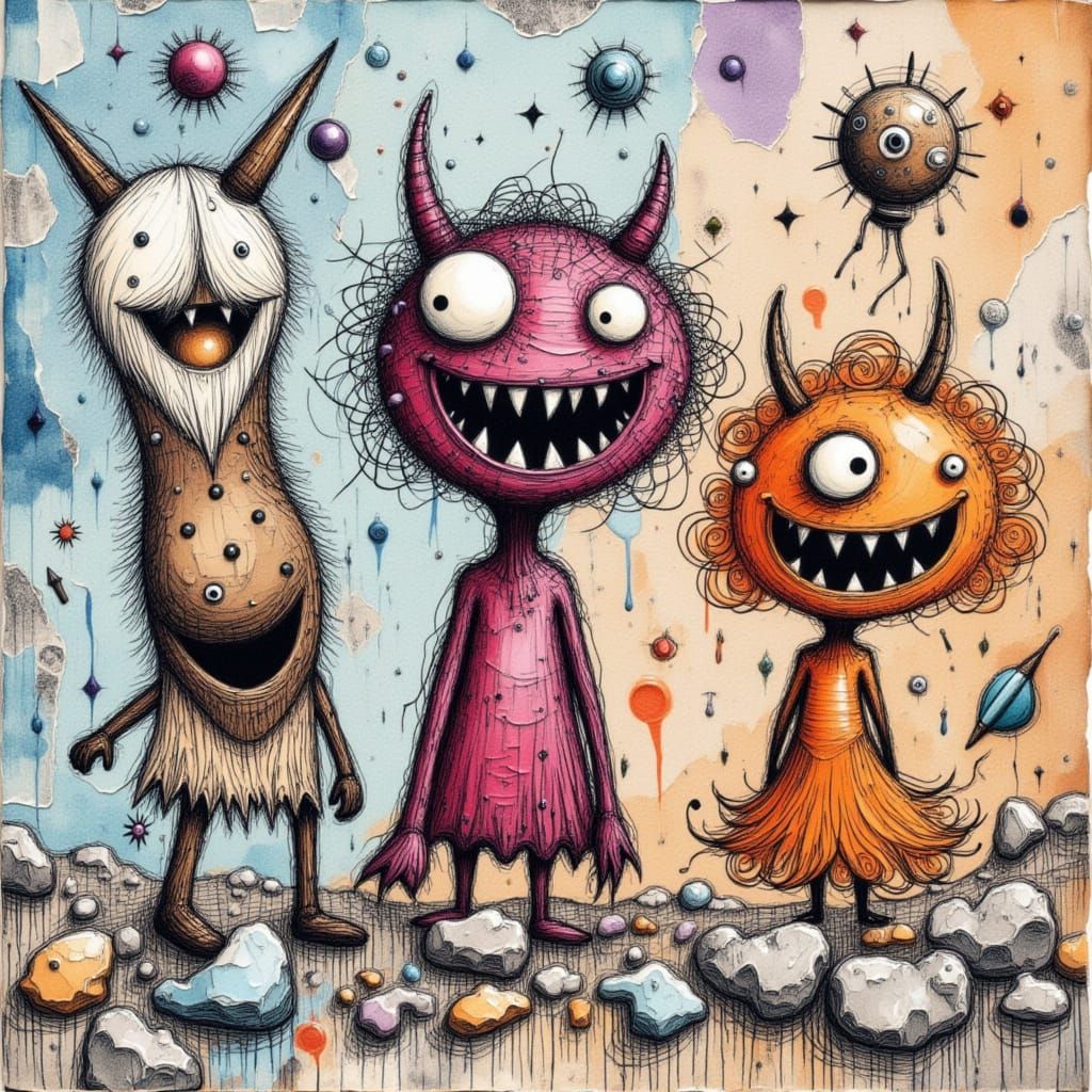 three quirky doodle monsters: exaggerated facial features: f...
