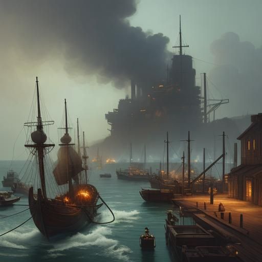 Steampunk Dock at Dawn: Industrial Fantasy Scene
