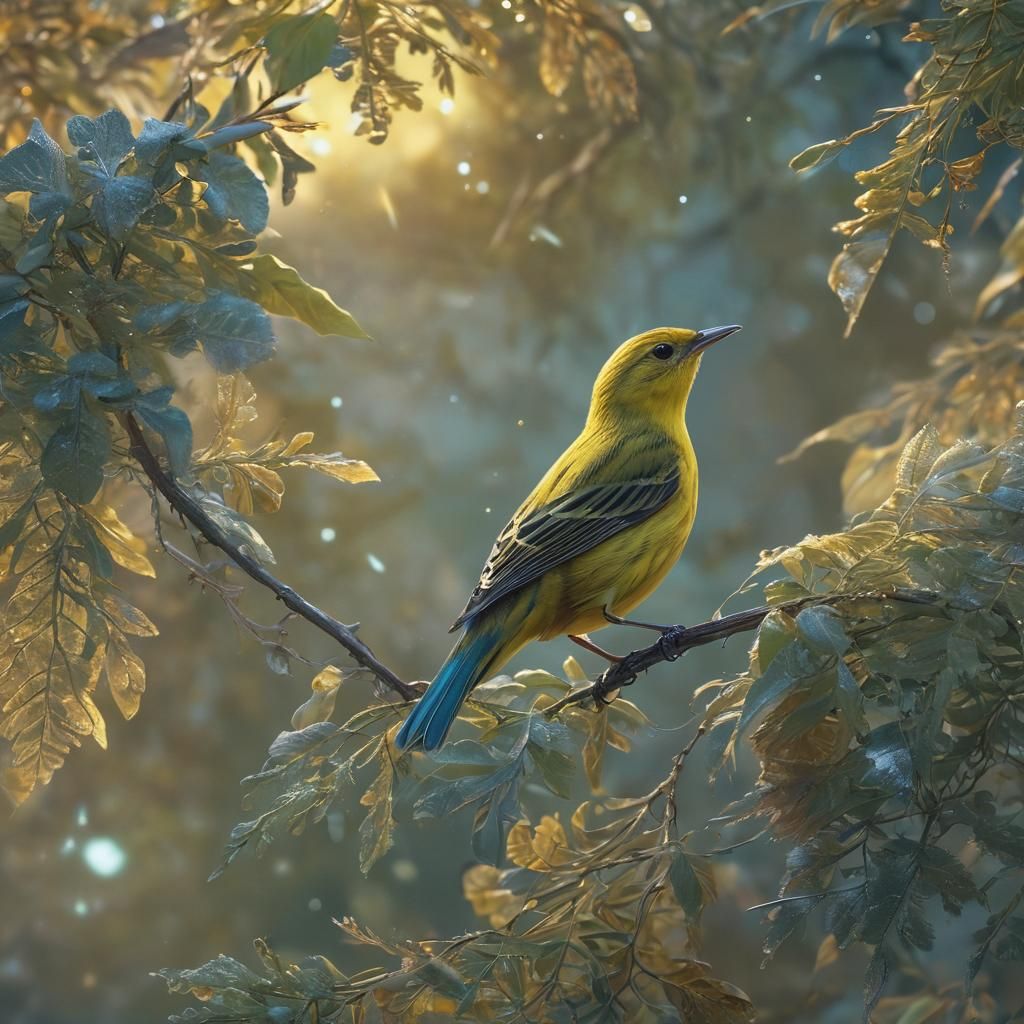 Glowing Yellow Warbler in Iridescent Fantasy Landscape