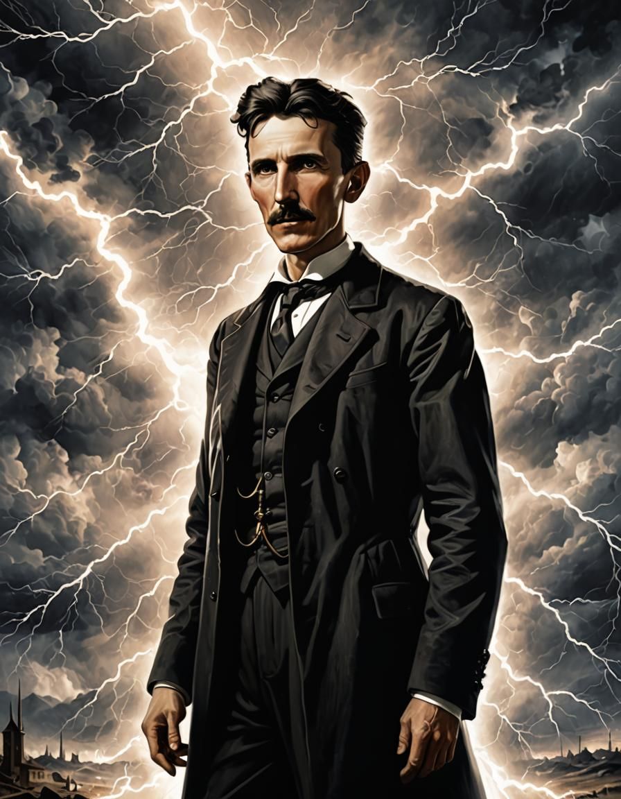Nikola Tesla Surrounded by Lightning