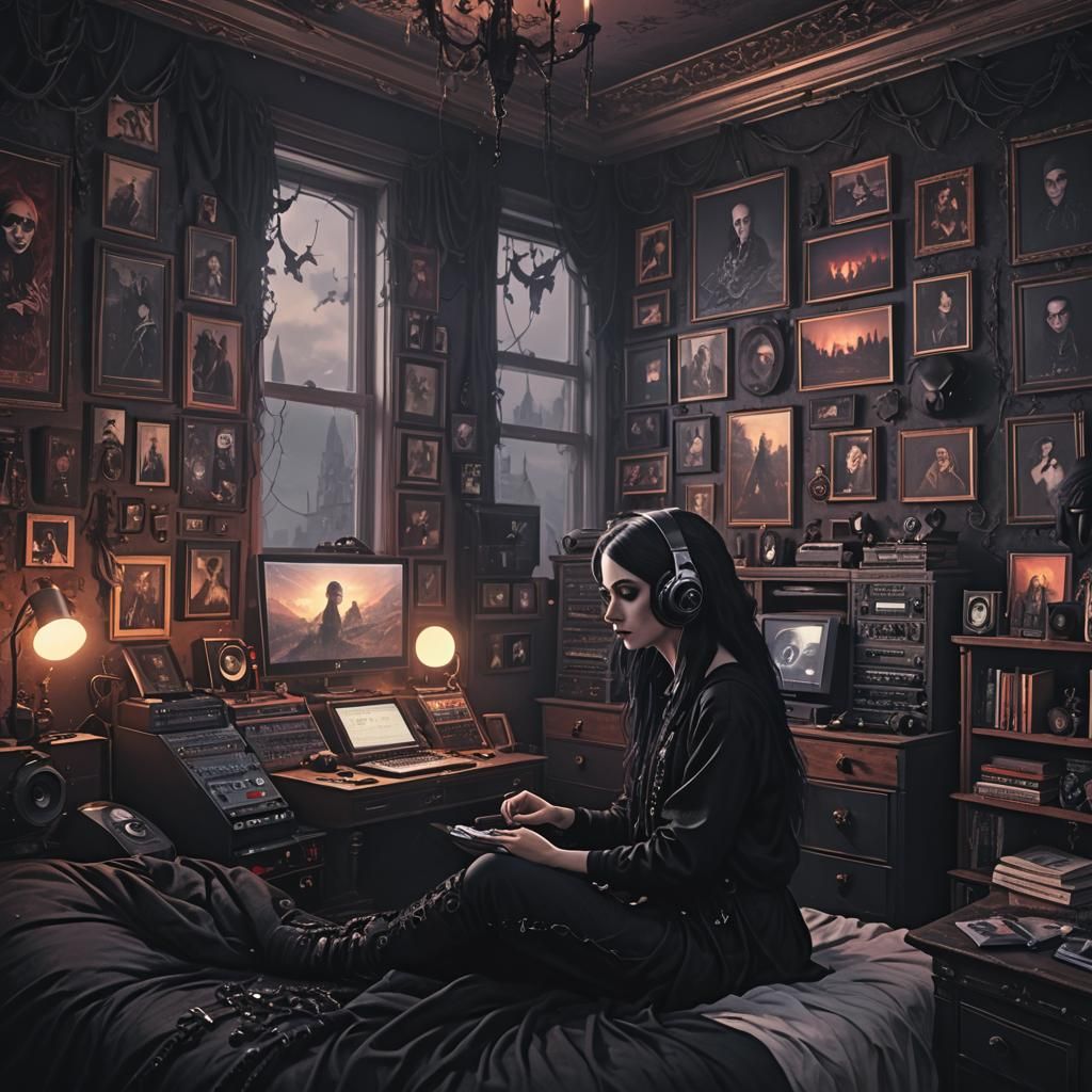 Goth Girl Listening to Music: Digital Matte Painting