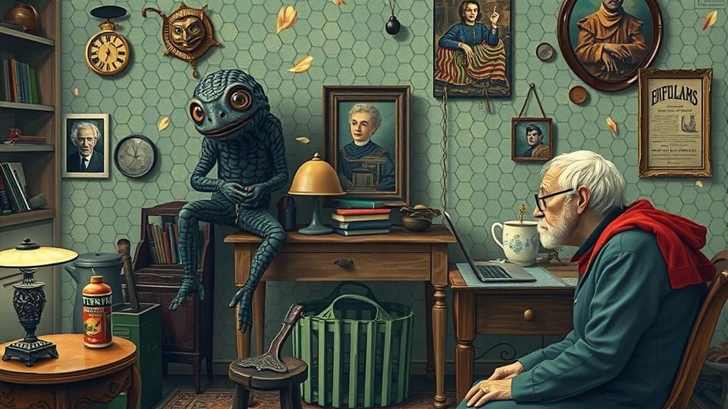 Anthropomorphic Figure in Surreal, Nostalgic Setting