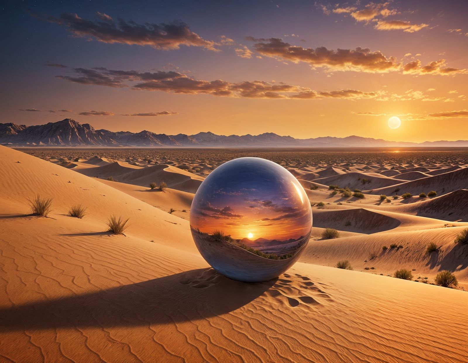Mystical Orb on Desert Dunes at Sunset