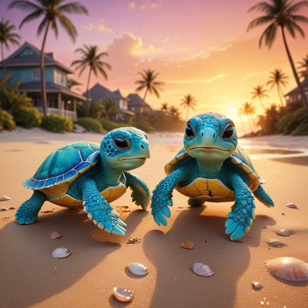 Vibrant Cartoon Sea Turtles Embark on Sandy Beach Adventure