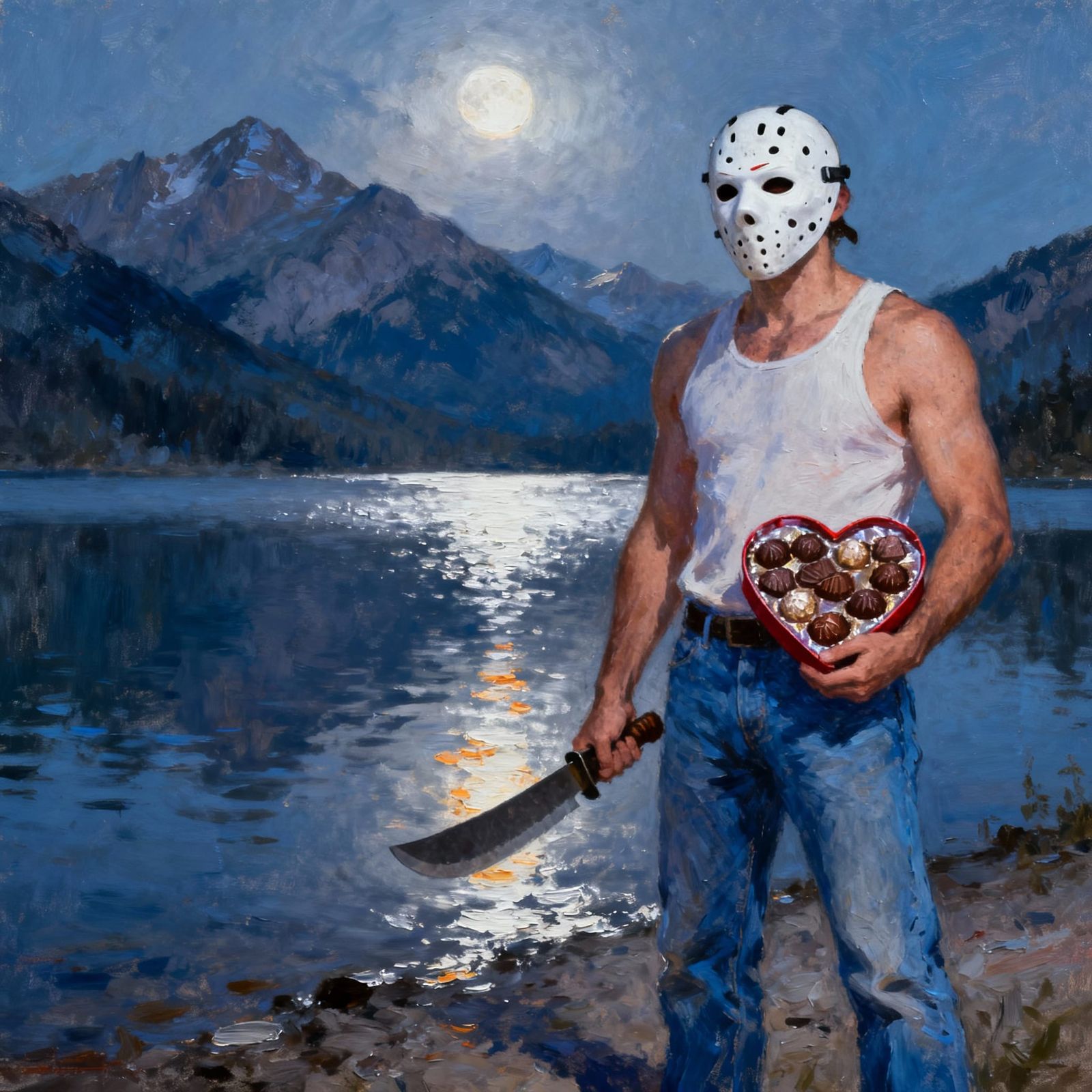 Impressionist Painting of Man with Chocolates and Machete