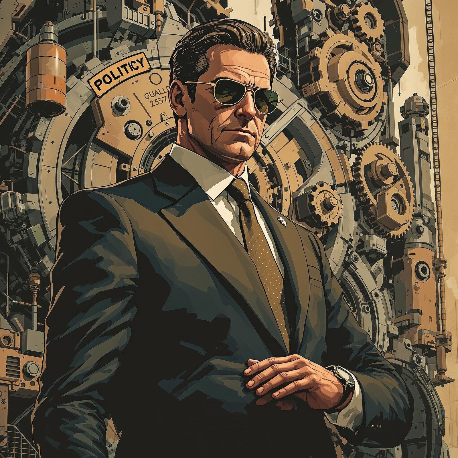 Confident Politician Surrounded by Gears in Futuristic Style