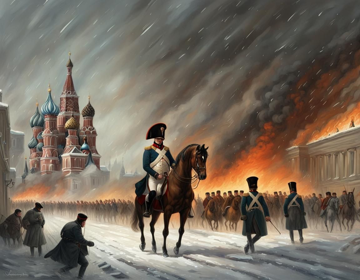 Napoleon leaves the burning Moscow