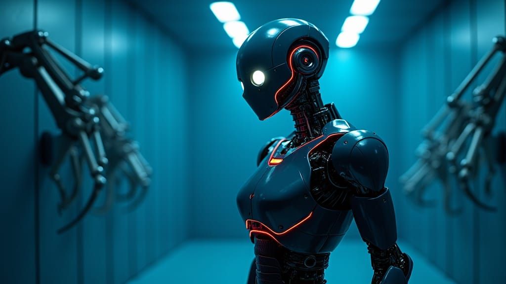 Futuristic Square Robot in Dimly Lit Cyberpunk Chamber