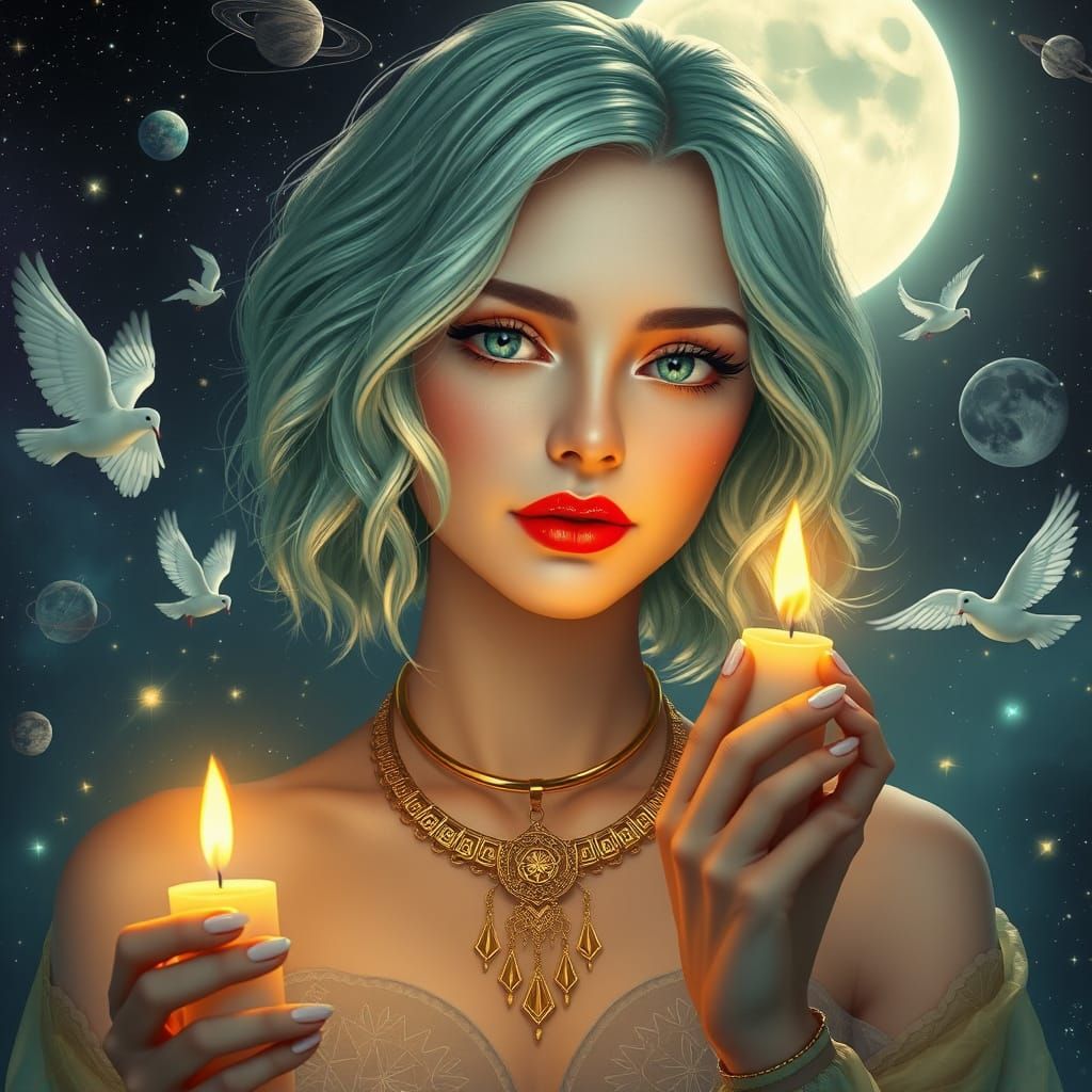 Galactic Goddess with Seafoam Hair and Celestial Beauty