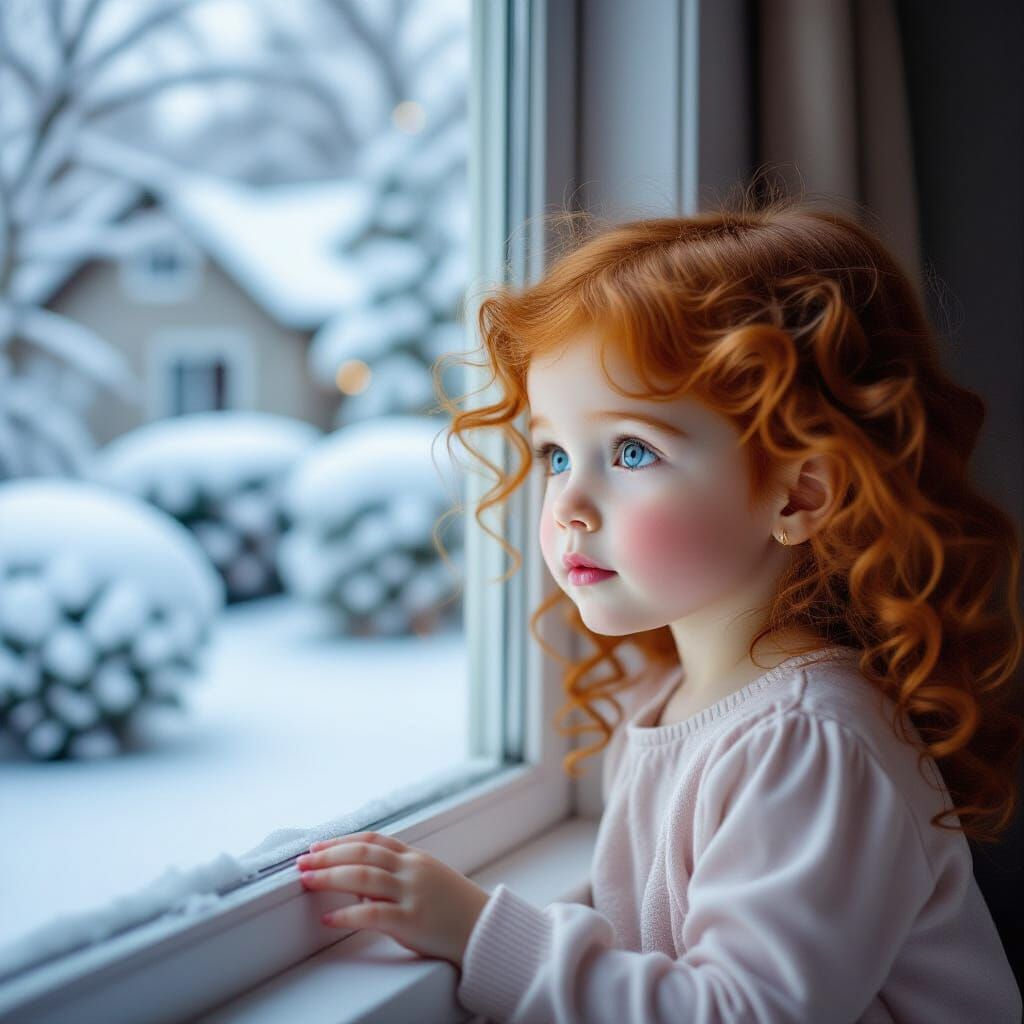 Girl Gazes at Snowy Scene Through Window