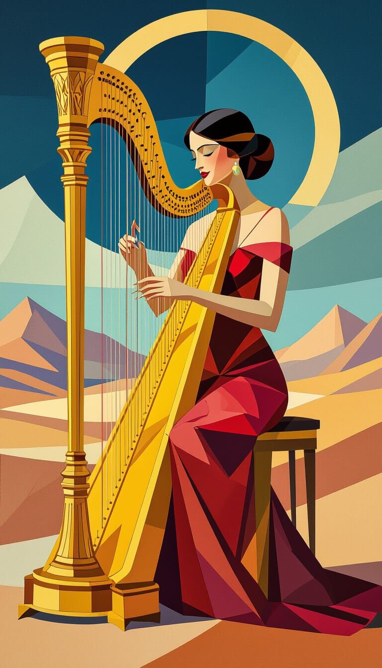 Woman Playing Golden Harp on Mars in Modigliani Style