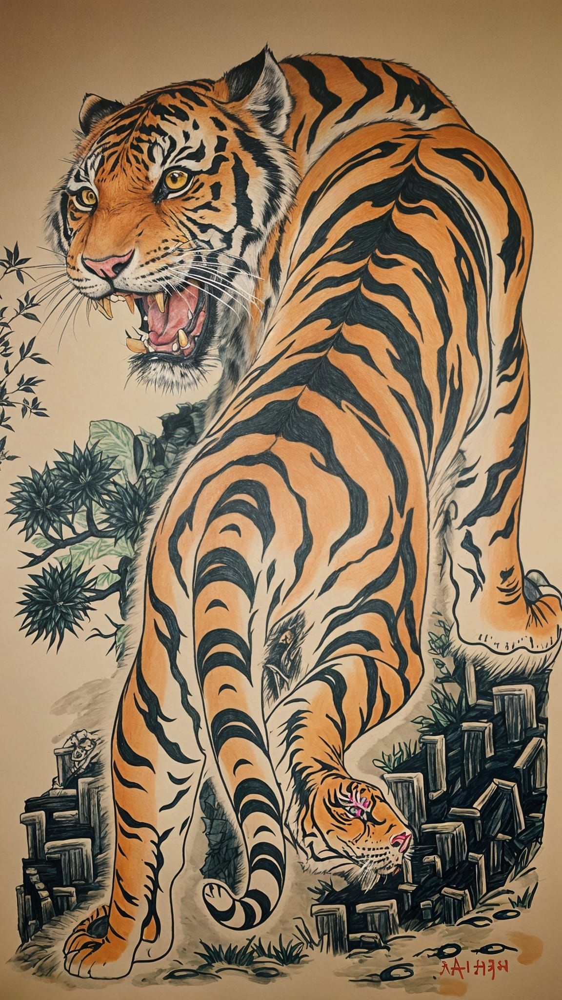 Asian Tiger in Traditional Tattoo Style with Asian Leaves