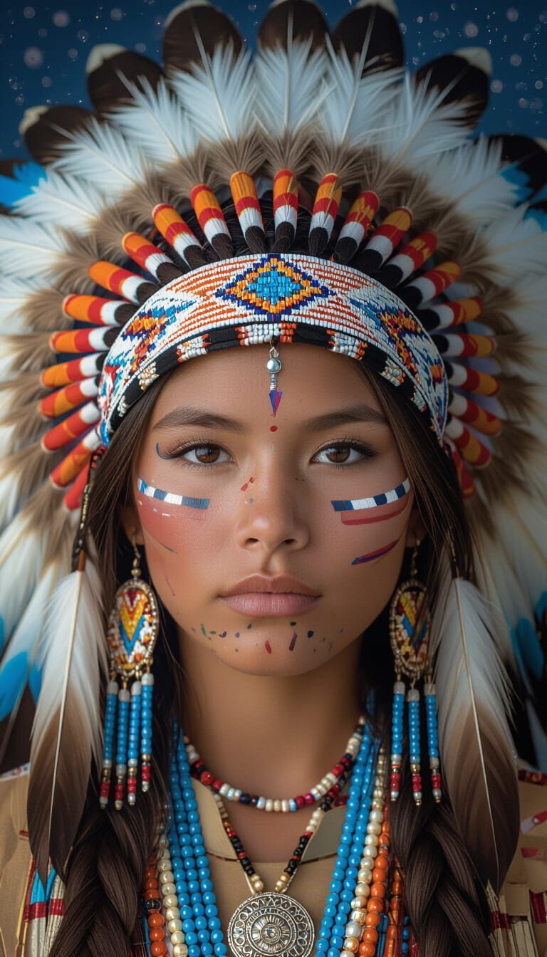 Native American Woman Portrait with Vibrant Headdress