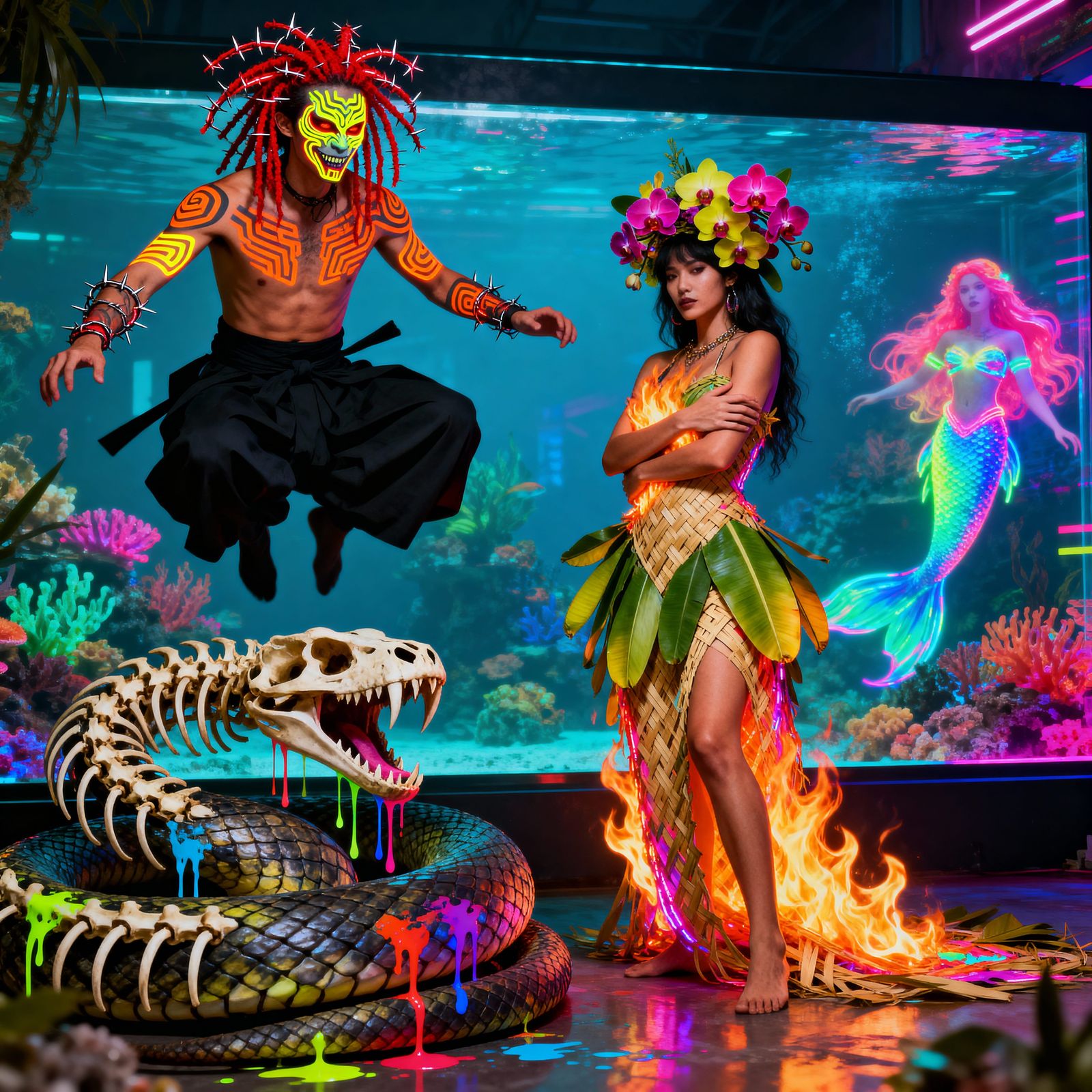 Psychedelic Raver Goddess and Impish Figure with Serpent
