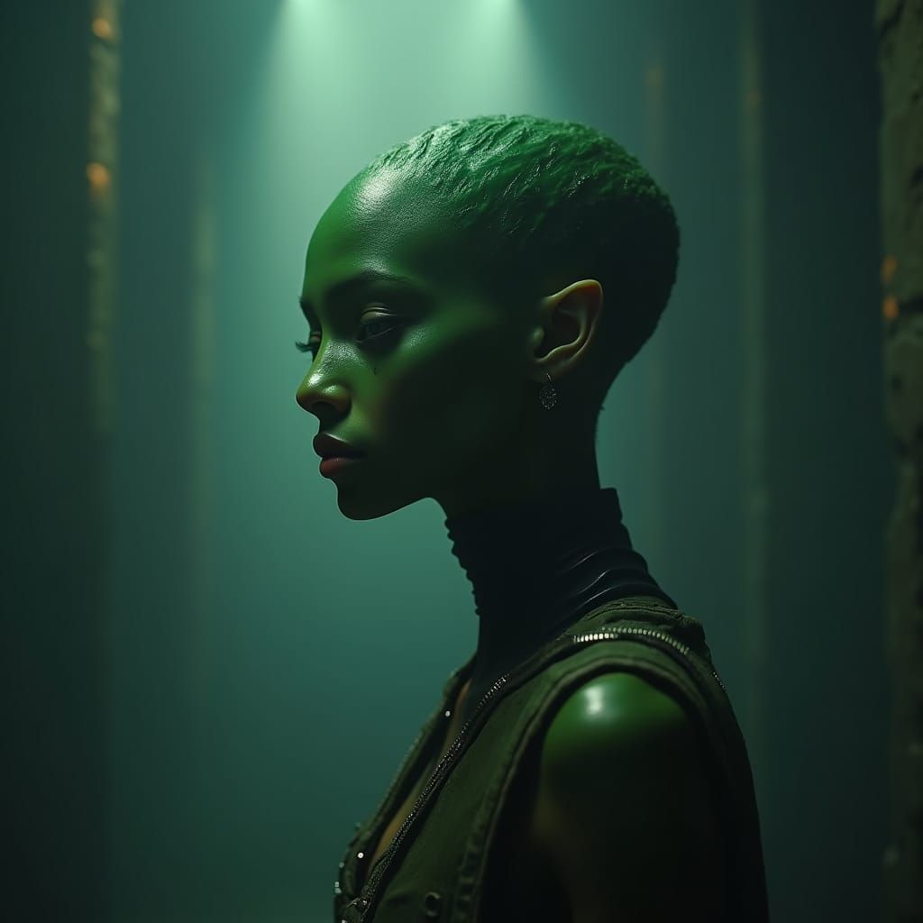 Alien Girl in Tense Environment: Cinematic Film Still