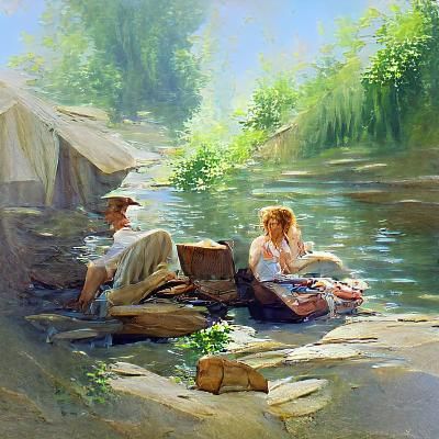 Riverside Scene in Oil Painting Style