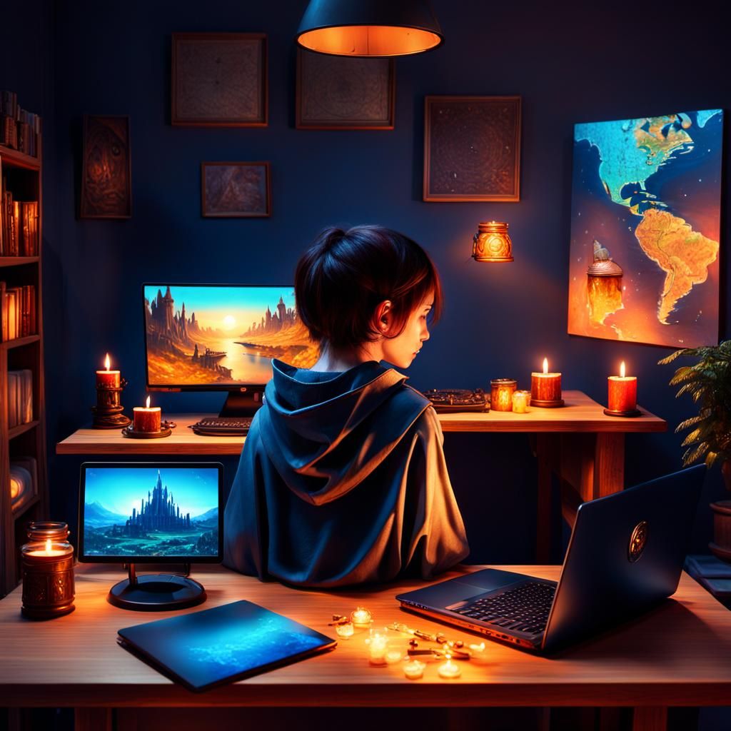 Fantasy Woman and Laptop: Detailed Matte Painting