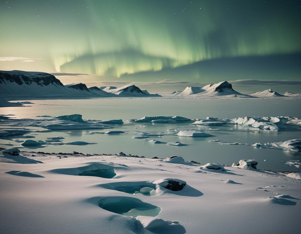 Frozen Landscape with Northern Lights: Cinematic Film Still
